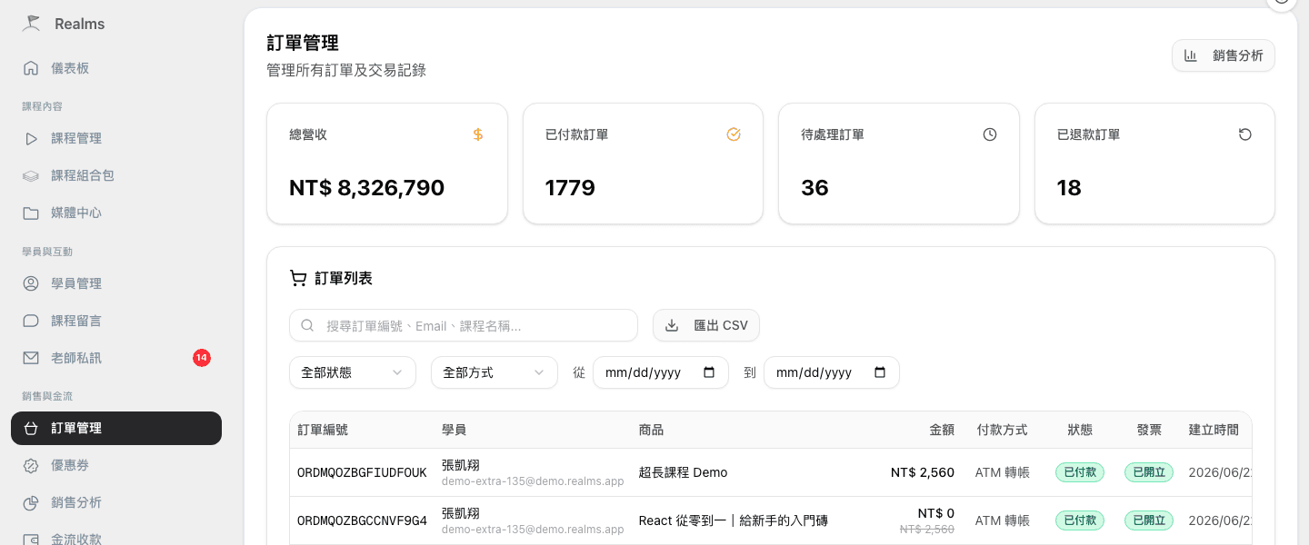 Realms 後台訂單管理：總營收、付款方式與學員訂單列表